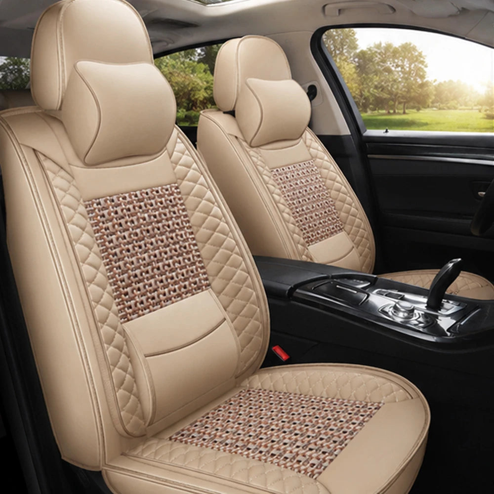 Kit Completo de Fundas para Asientos de Auto Nureon en Cuero Legítimo – Universal para 5 Plazas, Compatible con Airbag + Alfombras y Funda para Volante