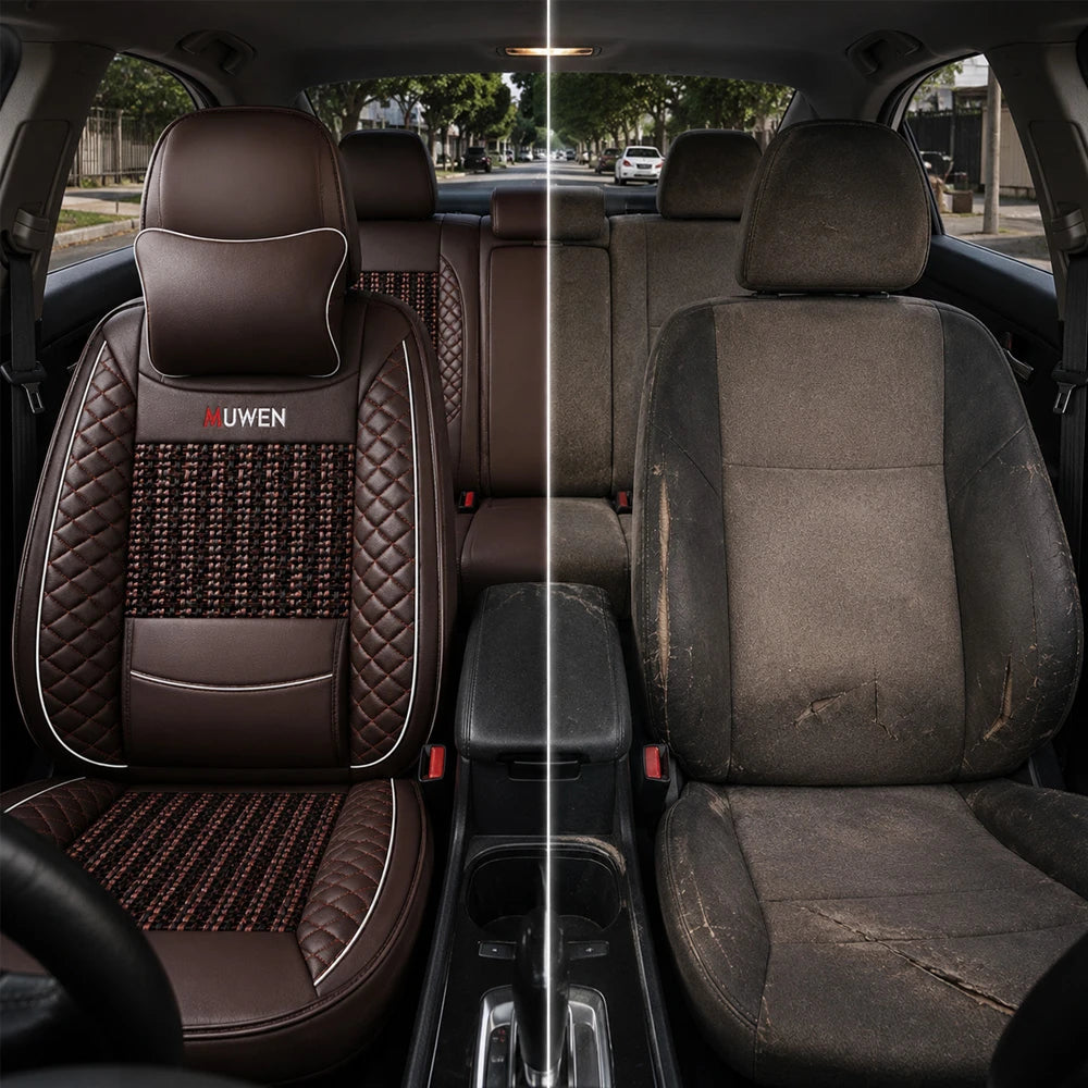 Kit Completo de Fundas para Asientos de Auto Nureon en Cuero Legítimo – Universal para 5 Plazas, Compatible con Airbag + Alfombras y Funda para Volante