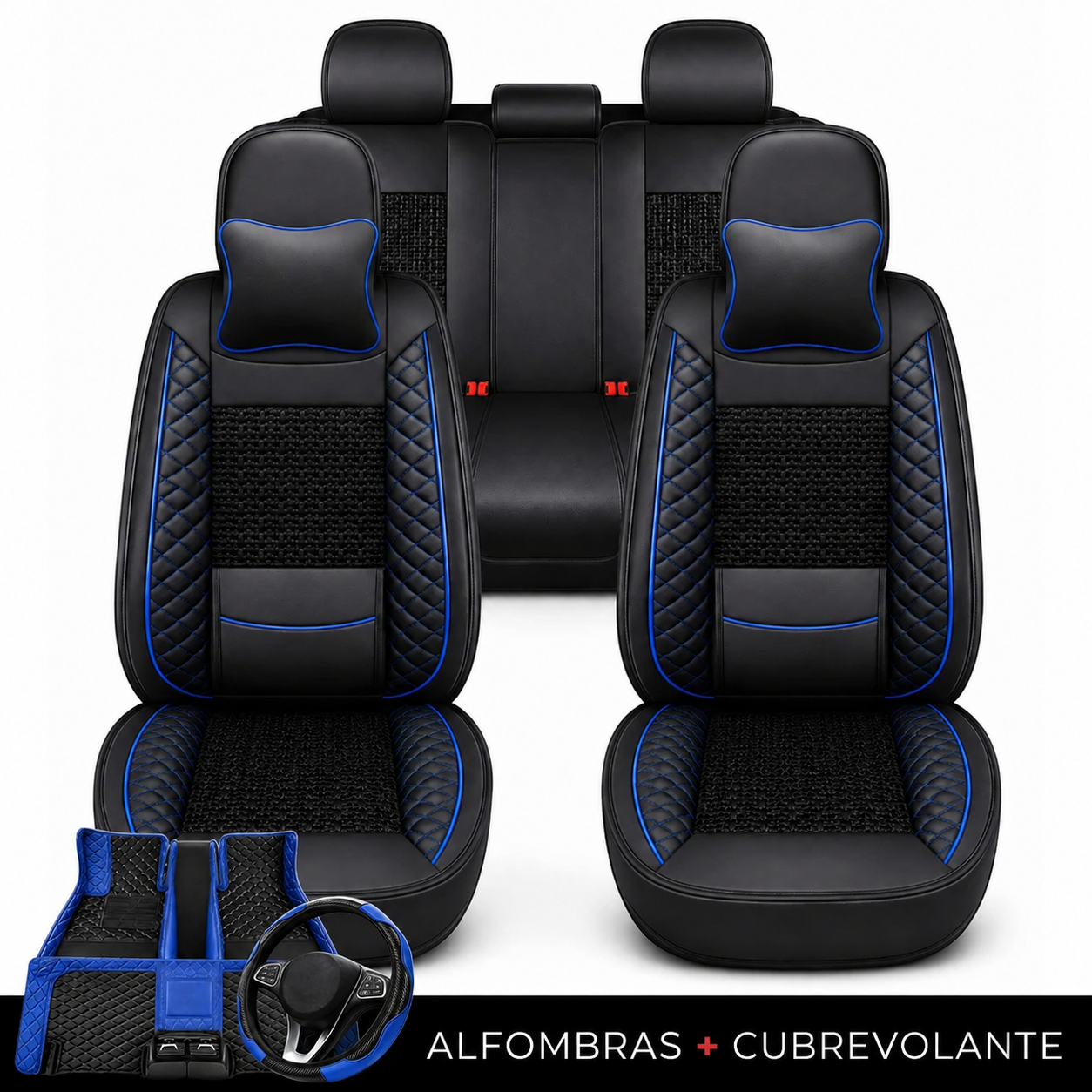 Kit Completo de Fundas para Asientos de Auto Nureon en Cuero Legítimo – Universal para 5 Plazas, Compatible con Airbag + Alfombras y Funda para Volante