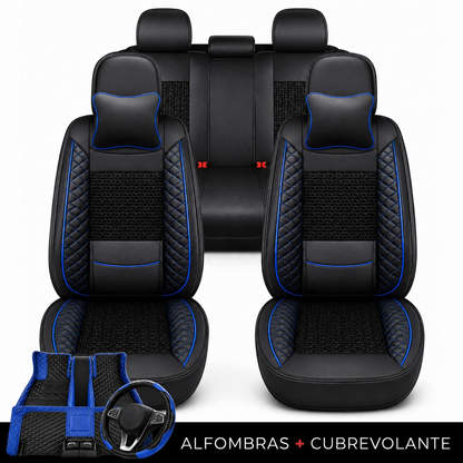 Kit Completo de Fundas para Asientos de Auto Nureon en Cuero Legítimo – Universal para 5 Plazas, Compatible con Airbag + Alfombras y Funda para Volante