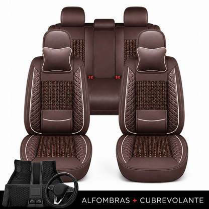 Kit Completo de Fundas para Asientos de Auto Nureon en Cuero Legítimo – Universal para 5 Plazas, Compatible con Airbag + Alfombras y Funda para Volante