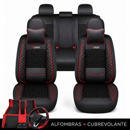 Kit Completo de Fundas para Asientos de Auto Nureon en Cuero Legítimo – Universal para 5 Plazas, Compatible con Airbag + Alfombras y Funda para Volante