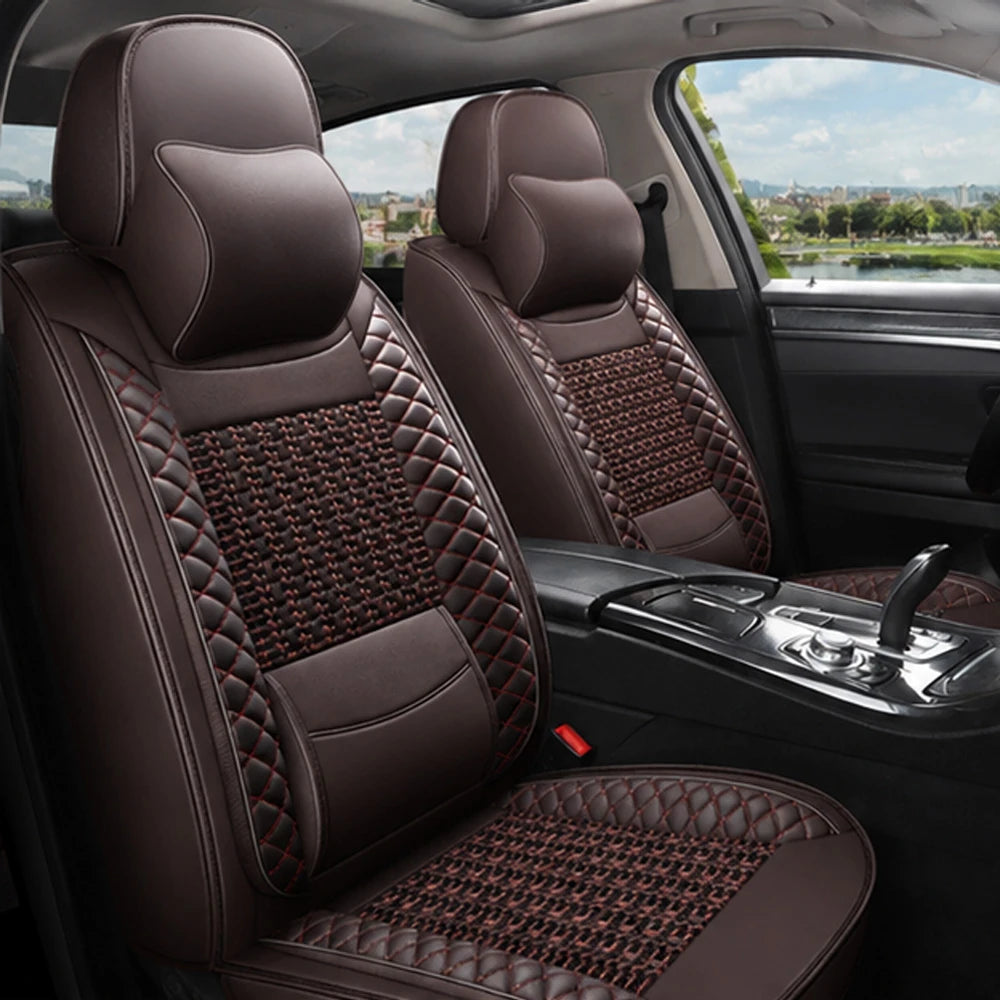 Kit Completo de Fundas para Asientos de Auto Nureon en Cuero Legítimo – Universal para 5 Plazas, Compatible con Airbag + Alfombras y Funda para Volante