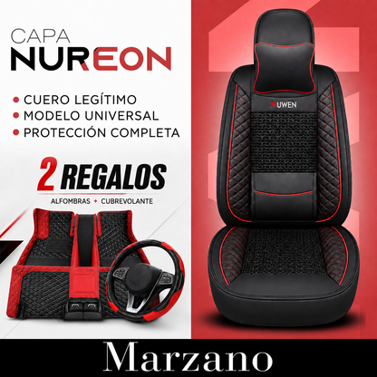 Kit Completo de Fundas para Asientos de Auto Nureon en Cuero Legítimo – Universal para 5 Plazas, Compatible con Airbag + Alfombras y Funda para Volante