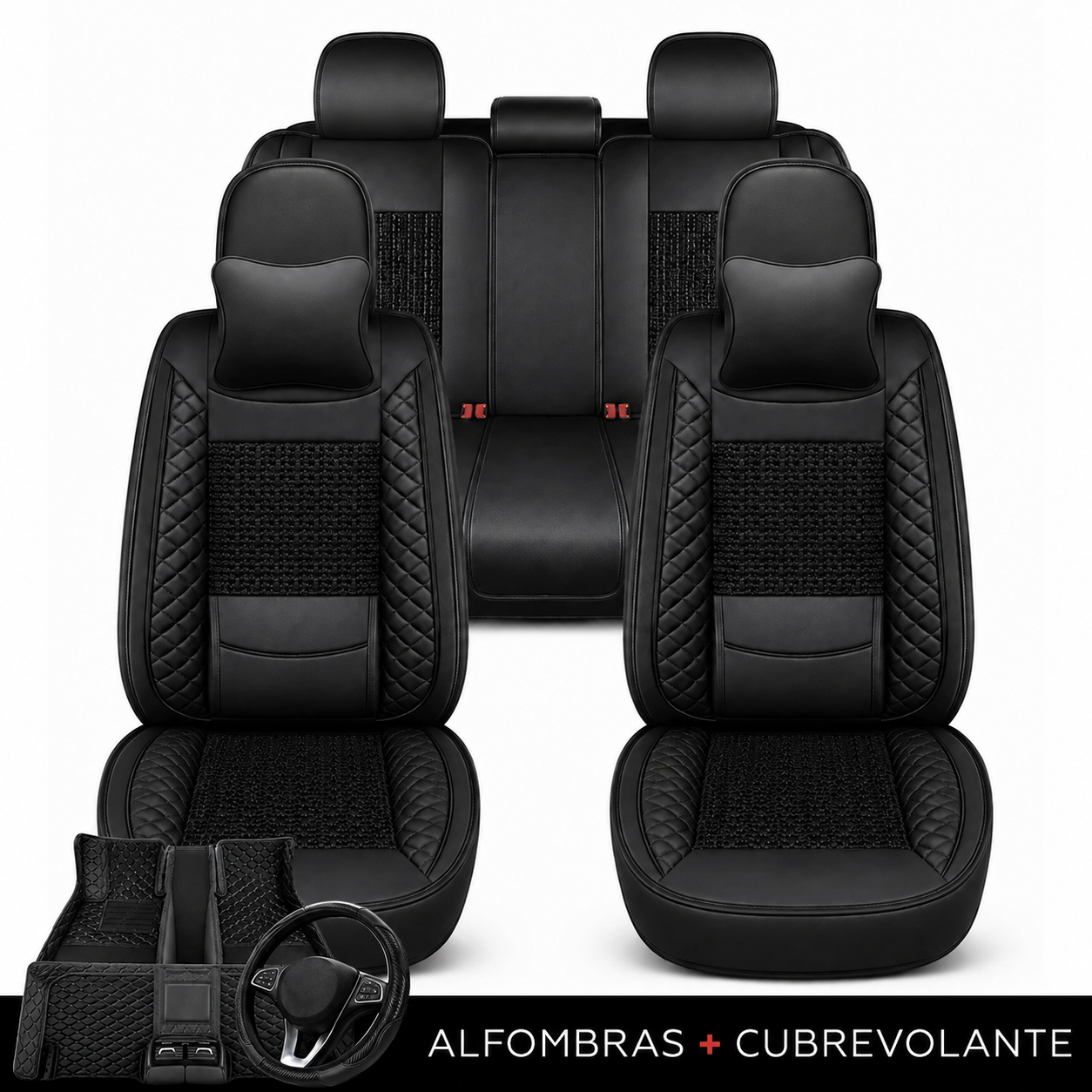 Kit Completo de Fundas para Asientos de Auto Nureon en Cuero Legítimo – Universal para 5 Plazas, Compatible con Airbag + Alfombras y Funda para Volante