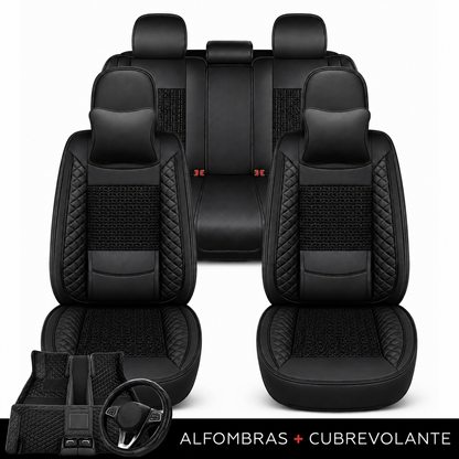 Kit Completo de Fundas para Asientos de Auto Nureon en Cuero Legítimo – Universal para 5 Plazas, Compatible con Airbag + Alfombras y Funda para Volante