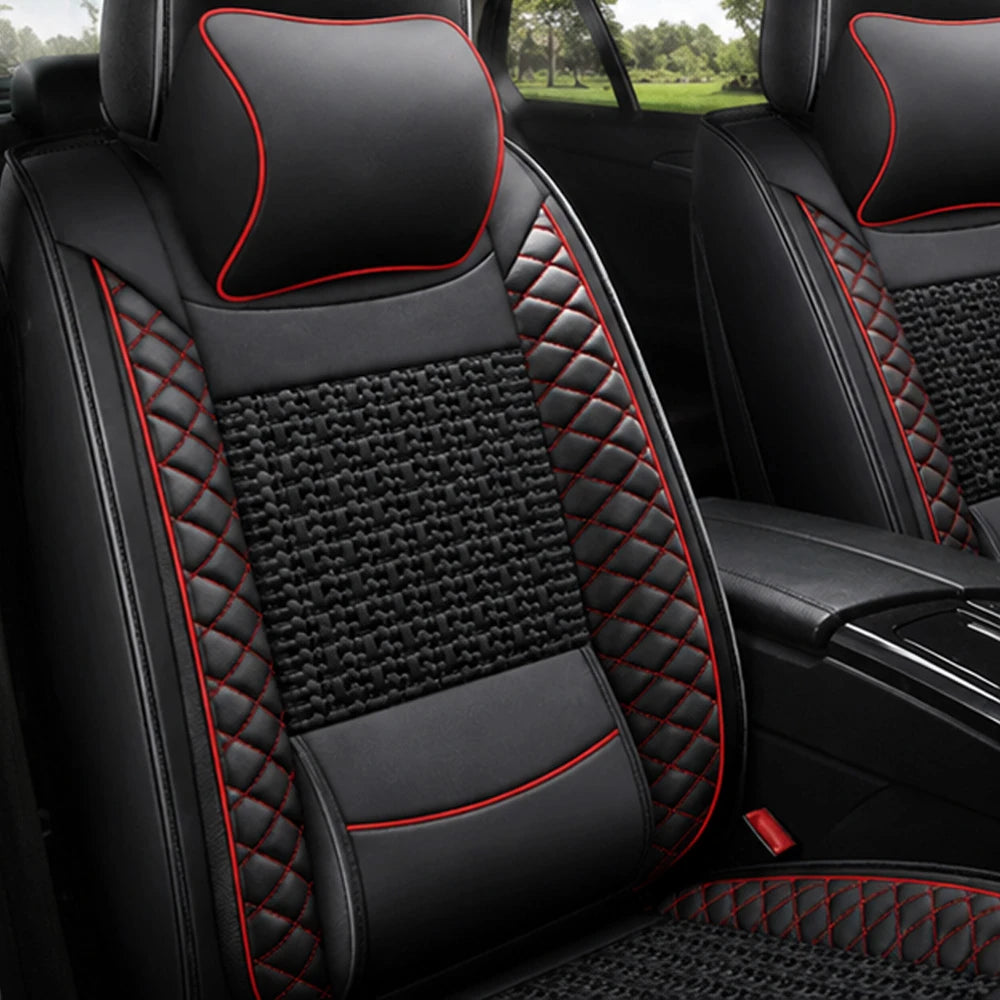 Kit Completo de Fundas para Asientos de Auto Nureon en Cuero Legítimo – Universal para 5 Plazas, Compatible con Airbag + Alfombras y Funda para Volante