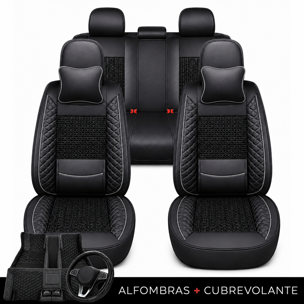 Kit Completo de Fundas para Asientos de Auto Nureon en Cuero Legítimo – Universal para 5 Plazas, Compatible con Airbag + Alfombras y Funda para Volante
