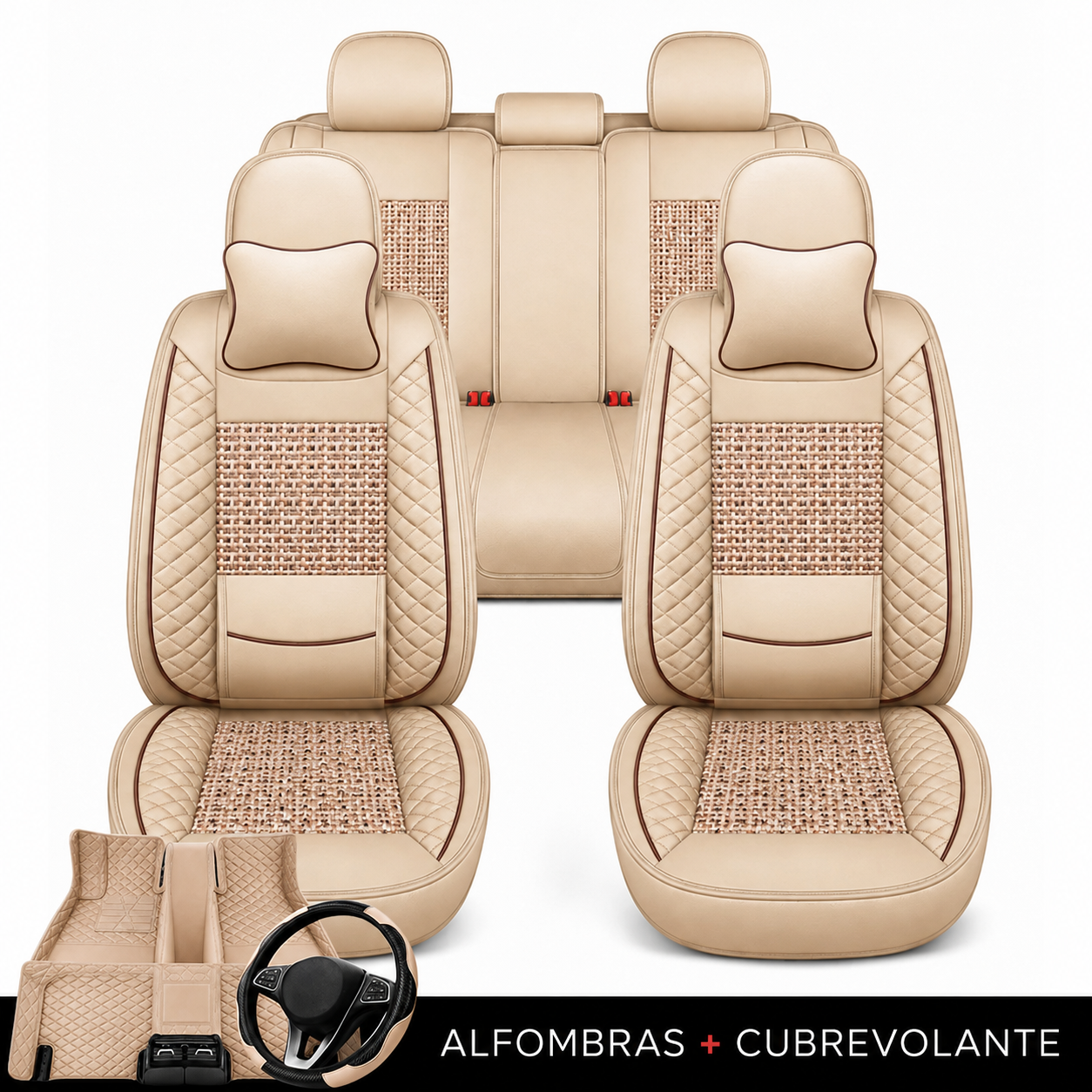 Kit Completo de Fundas para Asientos de Auto Nureon en Cuero Legítimo – Universal para 5 Plazas, Compatible con Airbag + Alfombras y Funda para Volante